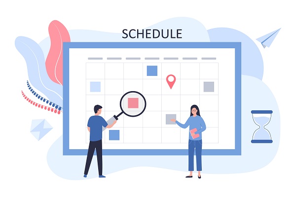 Schedule Concept. The Business Team Plans The Work Of The Company. A Man Stands With A Magnifier Near The Dashboard, A Woman With A Tablet. Flat Vector Illustration For Web Sites, Infographics